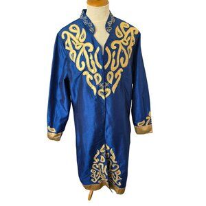 ASHRO Mens 2XL Embroidered Applique Tunic Blue Gold Dashiki Caftan Long Shirt